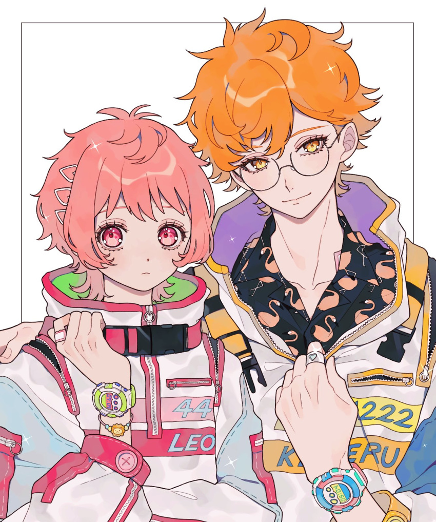 2boys ao_(ao0_0nemu) bad_id bad_twitter_id black_shirt closed_mouth collared_shirt commentary_request flamingo_print glasses hand_on_another's_shoulder hand_up high_collar highres jacket jewelry juuouin_kakeru king_of_prism long_sleeves looking_at_viewer male_focus multiple_boys orange_eyes orange_hair otoko_no_ko pink_eyes pink_hair pretty_rhythm pretty_series puffy_long_sleeves puffy_sleeves ring round_eyewear saionji_leo shirt short_hair smile watch white_background white_jacket wristwatch