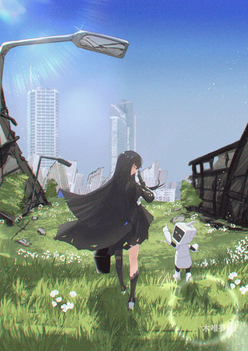 1boy 1girl absurdres black_dress black_hair blue_hair blue_sky closed_eyes colored_inner_hair dress flower grass highres humanoid_robot instrument_case long_hair mechanical_hands mechanical_legs multicolored_hair pointing punishing:_gray_raven puyuyan robot ruins scenery selena:_tempest_(punishing:_gray_raven) selena_(punishing:_gray_raven) short_sleeves single_mechanical_leg sky straight_hair