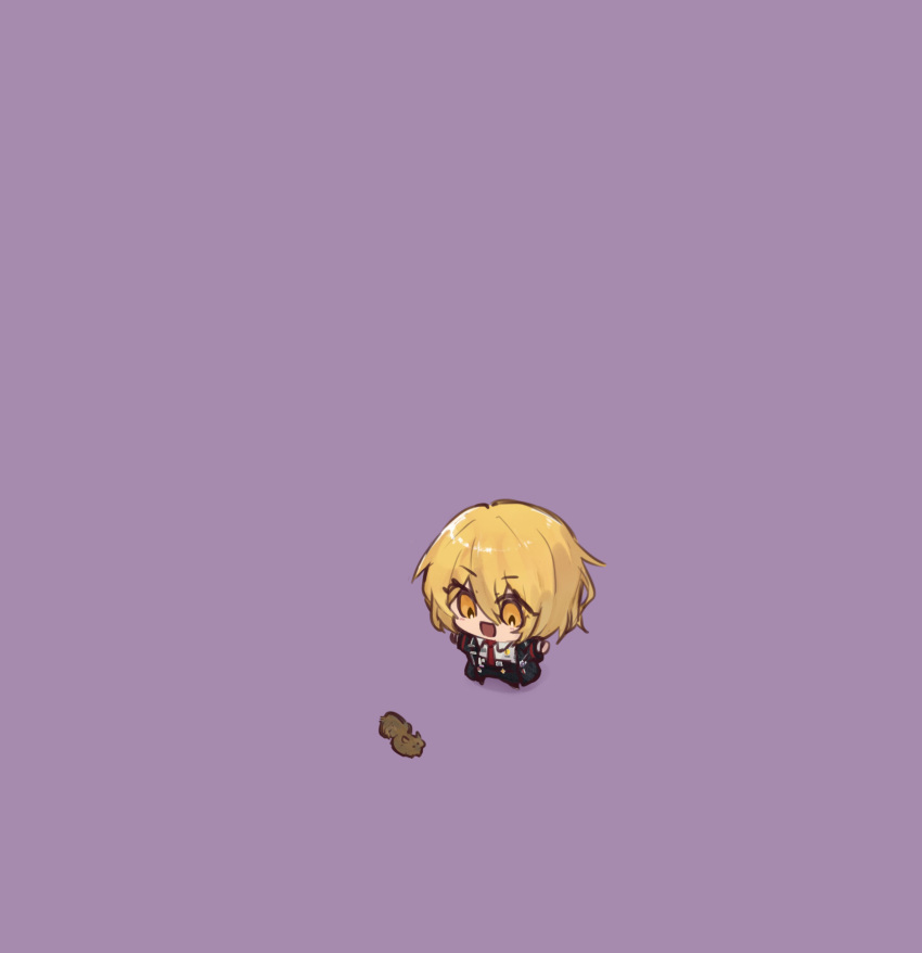 1girl absurdres black_coat black_pants blonde_hair chibi coat collared_shirt don_quixote_(project_moon) hair_between_eyes highres limbus_company necktie niioys pants project_moon purple_background red_necktie shirt short_hair simple_background solo squirrel white_shirt yellow_eyes