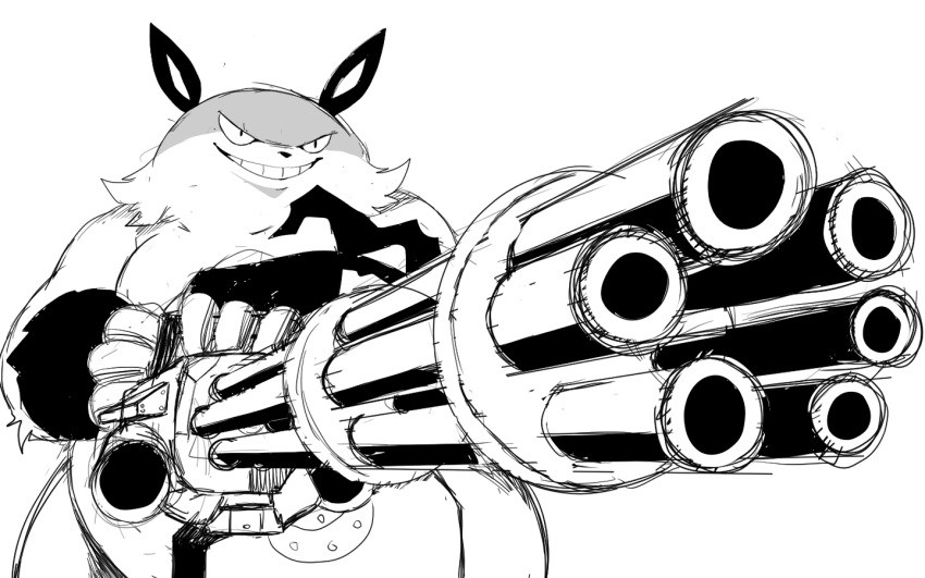 16:10 2024 ambiguous_gender black_and_white cheek_tuft facial_tuft feral gatling_gun grizzbolt gun holding_gun holding_object holding_ranged_weapon holding_weapon machine_gun monochrome pal_(species) palworld pocketpair ranged_weapon simple_background smile solo standing threatening tuft weapon white_background widescreen winick-lim