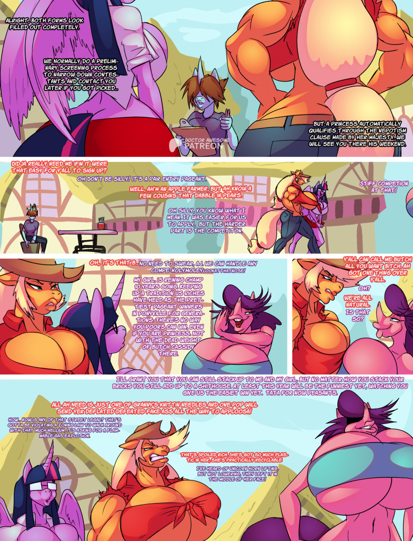 age_difference anthro anthrofied applejack_(mlp) big_breasts big_butt blonde_hair breast_squish breasts breasts_frottage butt cleavage clothed clothing comic cowboy_hat dialogue english_text equid equine eyewear female friendship_is_magic glasses hair hasbro hat headgear headwear hi_res horn huge_breasts hyper hyper_breasts mammal mature_female my_little_pony mythological_creature mythological_equine mythology older_female spoiled_rich_(mlp) squish text thebigbadwolf01 twilight_sparkle_(mlp) wearing_glasses winged_unicorn wings