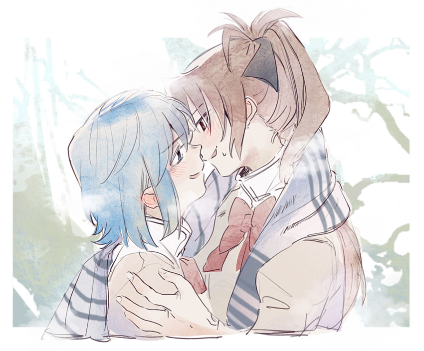 2girls black_ribbon blue_eyes blue_hair blush bow bowtie commentary_request grey_scarf hair_ribbon hand_on_another's_shoulder imminent_kiss koyomania long_hair mahou_shoujo_madoka_magica mahou_shoujo_madoka_magica_(anime) miki_sayaka mitakihara_school_uniform multiple_girls outdoors ponytail red_bow red_bowtie red_eyes red_hair ribbon sakura_kyoko scarf school_uniform shared_clothes shared_scarf short_hair striped_clothes striped_scarf tree upper_body yuri