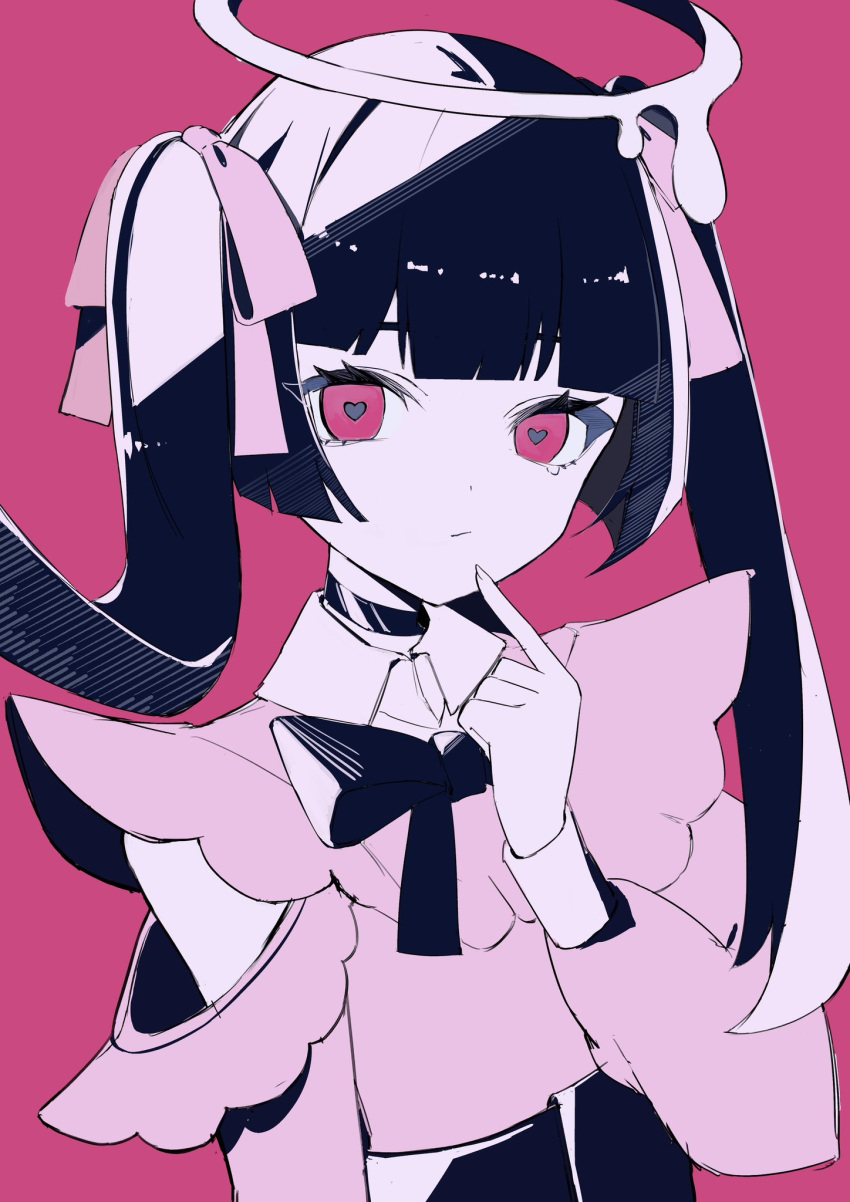 1girl black_choker black_hair black_ribbon blunt_bangs choker closed_mouth darling_dance_(vocaloid) detached_sleeves expressionless geometry682 halo heart heart-shaped_pupils highres jirai_kei long_hair looking_at_viewer melting_halo pink_background pink_eyes pink_ribbon pink_shirt pink_sleeves ribbon shirt simple_background single_tear solo symbol-shaped_pupils twintails vocaloid white_halo