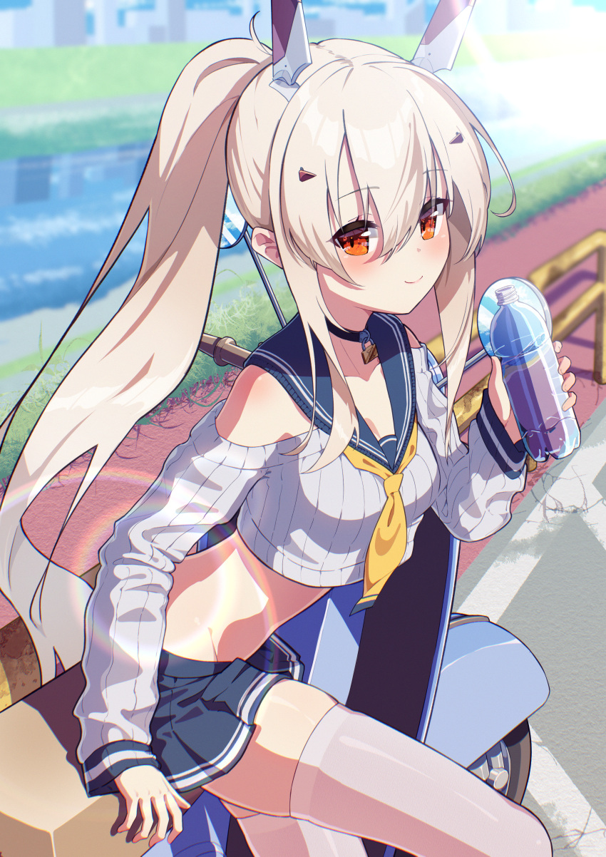 1girl absurdres alternate_costume ayanami_(azur_lane) ayanami_(retrofit)_(azur_lane) azur_lane black_choker blue_sailor_collar bottle choker crop_top headgear high_ponytail highres holding holding_bottle light_brown_hair lock looking_at_viewer marimo_daifuku midriff miniskirt neckerchief on_scooter orange_eyes plastic_bottle pleated_skirt ponytail sailor_collar sitting skirt smile thighhighs white_thighhighs yellow_neckerchief