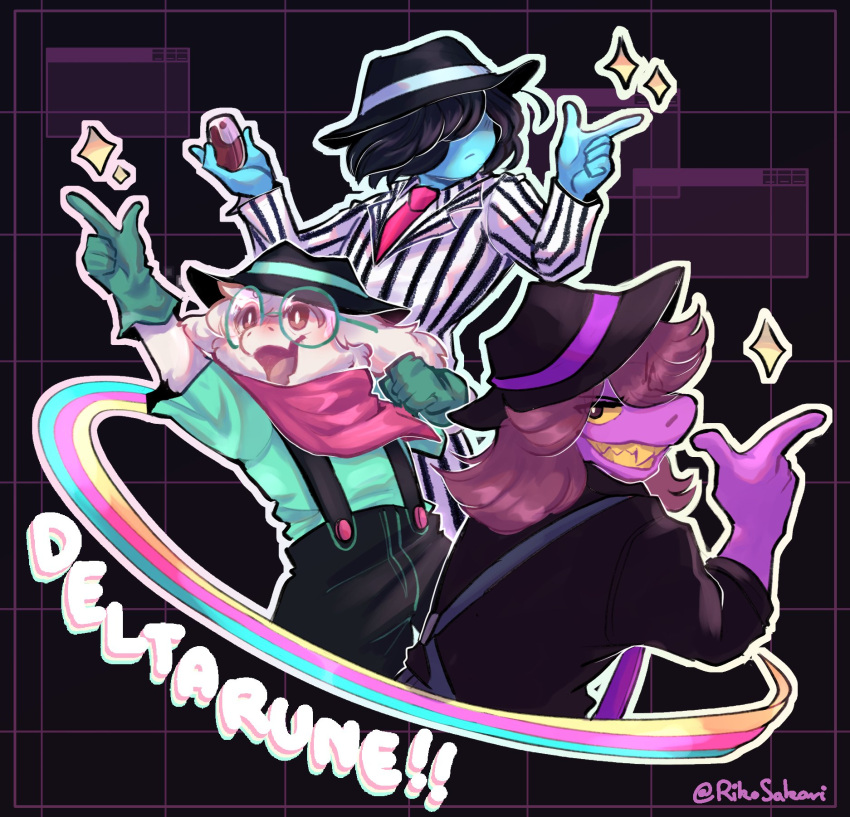 5_fingers anthro blue_body boss_monster_(undertale) clothed clothing deltarune eyewear female fingers fur glasses group hair hat headgear headwear hi_res human kris_(deltarune) male mammal open_mouth open_smile purple_body ralsei rikosakari scalie smile susie_(deltarune) trio undertale_(series) white_body white_fur