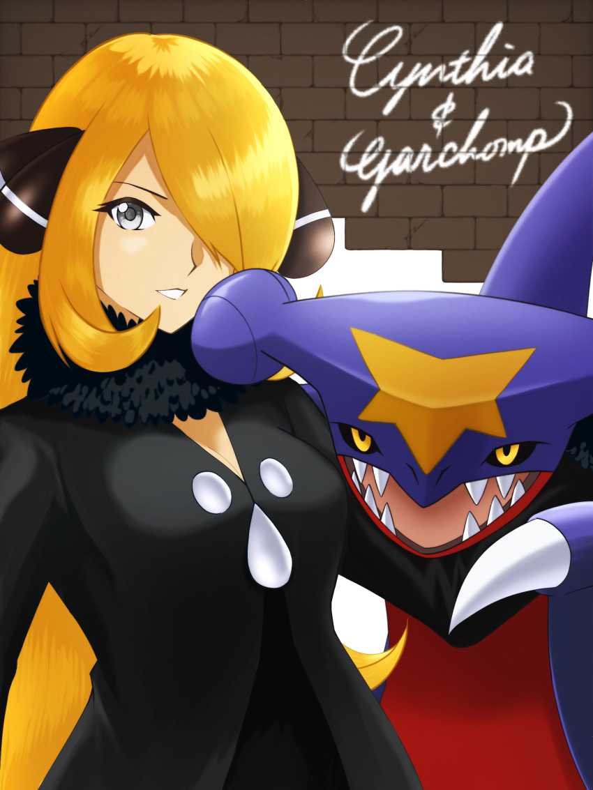 1girl absurdres black_coat black_collar blonde_hair breasts brick_wall character_name cleavage coat collar commentary_request cynthia_(pokemon) eyelashes fur_collar garchomp grey_eyes grin hair_ornament hair_over_one_eye highres long_hair pokemon pokemon_(creature) pokemon_dppt sherufu_(natashelves) smile teeth