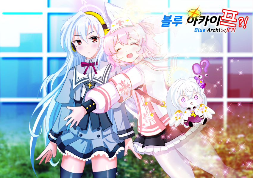 2girls armband azusa_(blue_archive) blue_archive character_doll grey_hair halo hat headphones highres hug korean_text long_hair multiple_girls nurse_cap pink_hair school_uniform serina_(blue_archive) short_hair suzumi_(blue_archive) translation_request zehyon