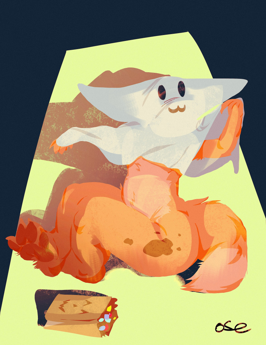 absurd_res ambiguous_gender anthro brown_markings candy dessert food fur ghost_costume hi_res markings obscured_eyes obscured_face orange_body orange_fur orange_pawpads orange_tail oselotti pawpads shadow simple_background solo tail