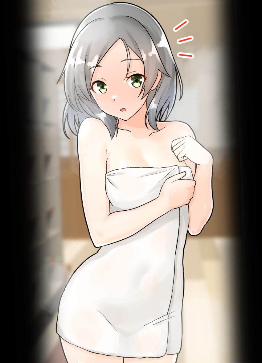 1girl breasts collarbone commentary_request furaggu_(frag_0416) green_eyes grey_hair highres indoors kantai_collection kuroshio_(kancolle) looking_at_viewer medium_breasts medium_hair naked_towel solo standing towel