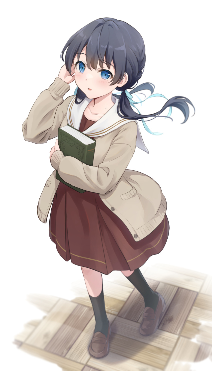 1girl absurdres black_hair black_socks blue_eyes blue_ribbon book brown_cardigan brown_dress brown_footwear cardigan collarbone commentary dress floating_hair floor from_above full_body hair_ribbon hasu_no_sora_school_uniform highres holding holding_book link!_like!_love_live! loafers long_hair long_sleeves looking_at_viewer love_live! low_twintails medium_dress mole mole_on_neck murano_sayaka open_cardigan open_clothes open_mouth pleated_dress ribbon sailor_collar sailor_dress school_uniform shoes socks solo textbook tile_floor tiles twintails virtual_youtuber walking white_background white_sailor_collar winter_uniform yutuki_ame