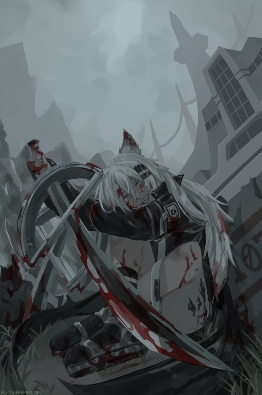 1girl absurdres animal_ears arknights blood blood_on_clothes blood_on_face flying-frappuccino grey_eyes highres lappland_(arknights) long_hair looking_at_viewer ruins sitting smile solo tail white_hair wolf_ears wolf_girl wolf_tail