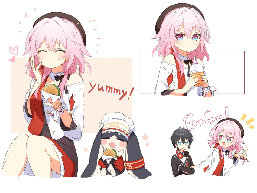 1boy 1girl :t antenna_hair beret black_hair black_hat blue_eyes burger chewing cropped_torso crossed_arms dan_heng_(honkai:_star_rail) food hair_between_eyes hair_intakes hand_up hat headphones headphones_around_neck highres holding holding_food honkai:_star_rail honkai_(series) index_finger_raised knees_together_feet_apart long_hair looking_at_viewer march_7th_(honkai:_star_rail) multiple_views notice_lines off-shoulder_shirt off_shoulder outstretched_arm petticoat pink_eyes pink_hair pointing polka_dot polka_dot_background pom-pom_(honkai:_star_rail) rabbit red_skirt shirt sidelocks simple_background skirt two-tone_eyes uwasewau white_background white_shirt