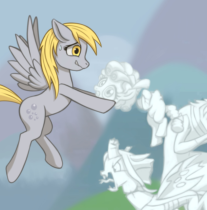 amber_eyes blonde_hair bodily_fluids cutie_mark derpy_hooves_(mlp) equid equine fluing friendship_is_magic fur grey_body grey_fur hair hasbro hi_res mammal my_little_pony mythological_creature mythological_equine mythology pegasus queen_chrysalis_(mlp) sculpture statue sweat tirek_(mlp) wings zetamad