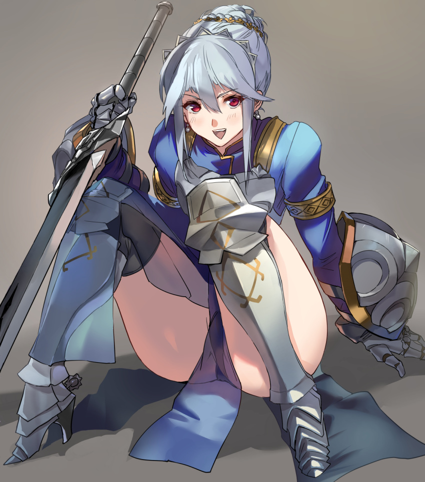 1girl arm_shield armor armored_boots blue_hair blush boots braid braided_bun breastplate buckler dress gloves hair_between_eyes hair_bun hairband highres holding holding_sword holding_weapon long_hair looking_at_viewer negresco open_mouth red_eyes shield solo sword teeth thighs unicorn_overlord upper_teeth_only virginia_(unicorn_overlord) warrior weapon