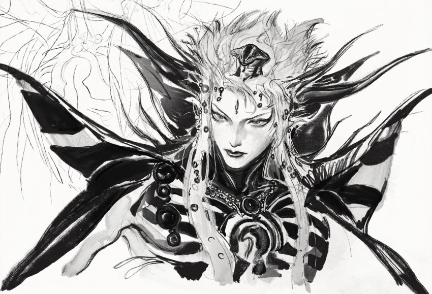 1boy amano_yoshitaka_(style) armor cape closed_mouth commentary emperor_(ff2) english_commentary eyeliner final_fantasy final_fantasy_ii forehead_jewel greyscale hair_ornament horns inktober jewelry long_hair makeup male_focus monochrome necklace phorigami portrait sidelocks sketch snake_hair_ornament traditional_media white_background