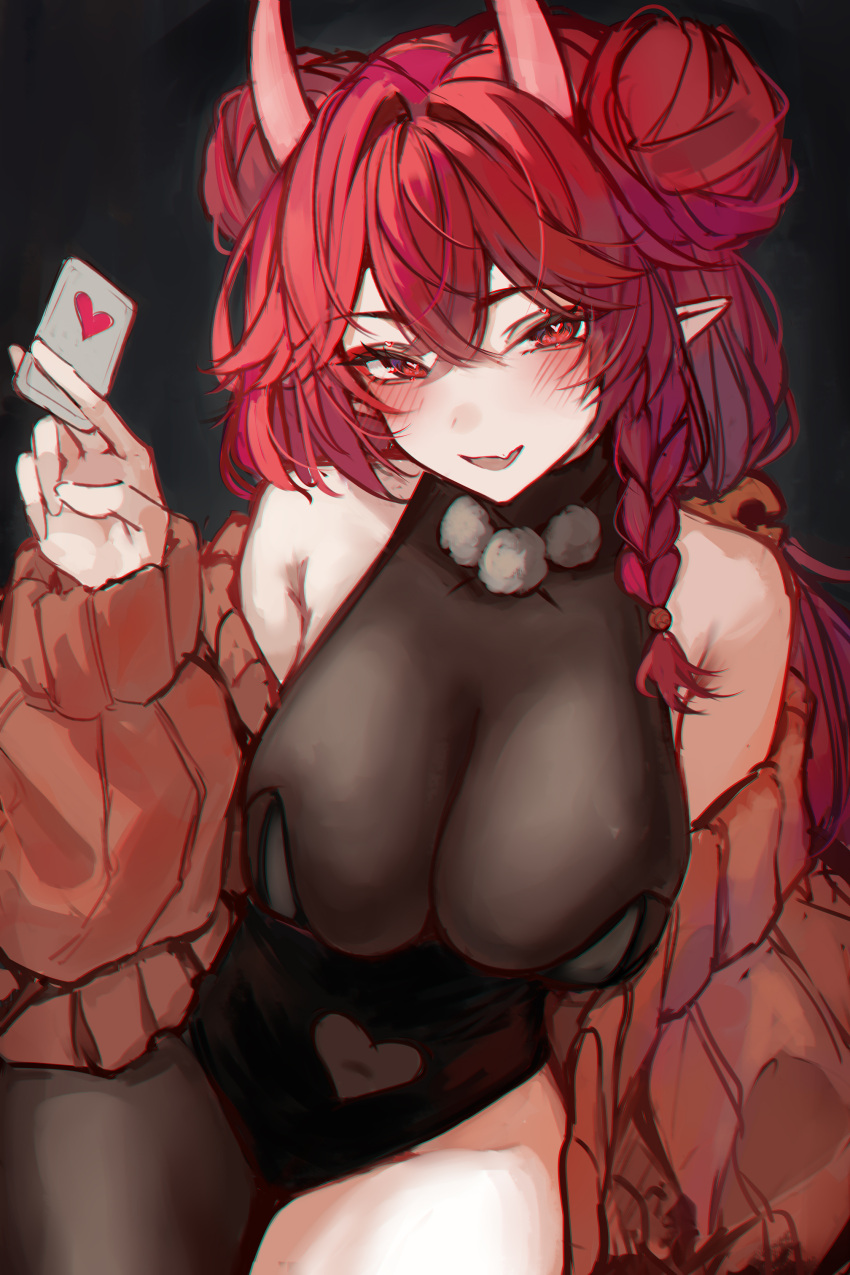 1girl absurdres bare_shoulders bell blush braid breasts card cardigan cleavage clothing_cutout crossed_bangs fang hair_bell hair_between_eyes hair_bun hair_ornament heart heart-shaped_pupils highres indie_virtual_youtuber large_breasts long_hair looking_at_viewer naokomama navel navel_cutout neeko_arcaea off_shoulder oni open_cardigan open_clothes open_mouth playboy_bunny playing_card pointy_ears red_eyes see-through skin_fang solo symbol-shaped_pupils virtual_youtuber