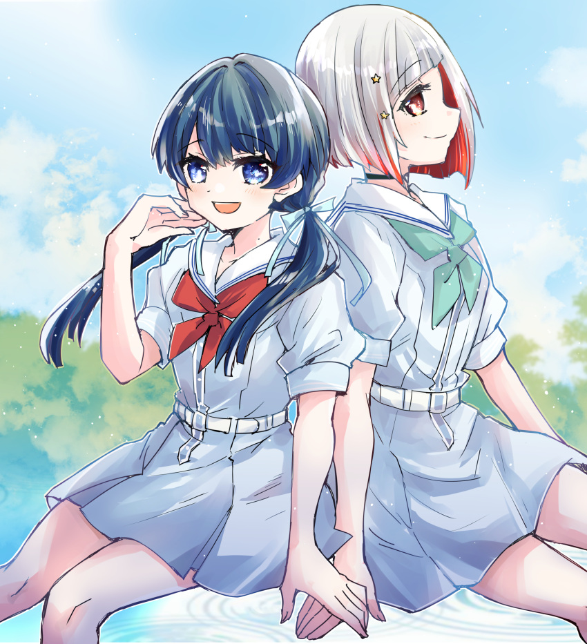 2girls aqua_neckerchief back-to-back belt black_choker blue_eyes blue_hair blue_ribbon blue_sky bob_cut choker collarbone colored_inner_hair commentary_request dark_blue_hair diagonal_bangs dollchestra dress grey_hair hair_ornament hair_ribbon hand_on_hand hand_on_own_cheek hand_on_own_face hand_rest hasu_no_sora_school_uniform highres inverted_bob invisible_chair kanduki_kamibukuro link!_like!_love_live! long_hair looking_at_viewer love_live! low_twintails mole mole_on_neck multicolored_hair multiple_girls murano_sayaka neckerchief o-ring o-ring_choker pleated_dress red_eyes red_hair red_neckerchief ribbon ripples sailor_collar sailor_dress school_uniform short_dress short_hair short_sleeves sitting sky star_(symbol) star_hair_ornament streaked_hair summer_uniform tree twintails white_belt white_dress white_sailor_collar yugiri_tsuzuri