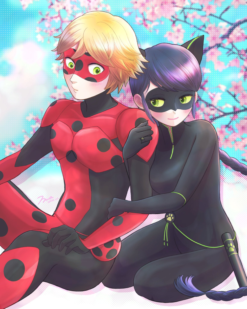 1boy 1girl adrien_agreste animal_ears black_bodysuit black_mask blonde_hair blue_hair blue_sky blush bodysuit cat_ears cat_girl catnoir_love cherry_blossoms closed_mouth green_eyes highres lady_noir light_smile long_hair looking_at_another marinette_dupain-cheng miraculous_ladybug misterbug_(character) polka_dot red_bodysuit red_mask sitting sky slit_pupils smile superhero_costume