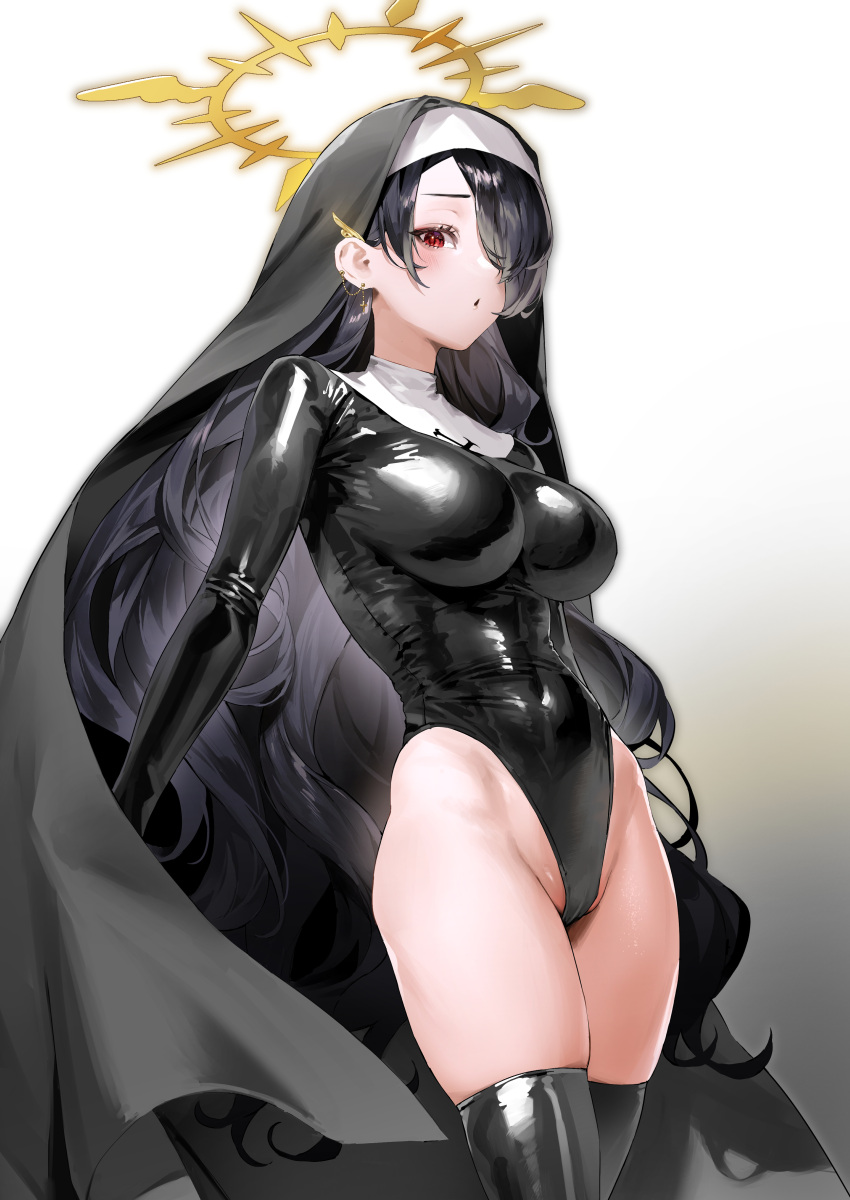 1girl absurdres black_hair black_leotard black_thighhighs blue_archive blush breasts covered_navel earrings gloved_sleeves habit hair_over_one_eye halo highleg highleg_leotard highres hinata_(blue_archive) jewelry justina_follower_(blue_archive) kuroi_suna large_breasts latex latex_leotard latex_thighhighs leotard long_hair long_sleeves looking_at_viewer nun red_eyes solo swept_bangs thighhighs thighs