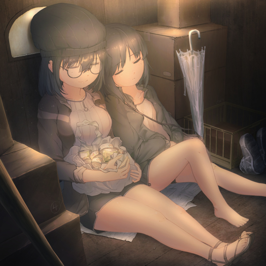 2girls bag barefoot box cage can cardboard_box closed_eyes closed_mouth dim_lighting glasses highres holding holding_bag indoors light_smile multiple_girls original sandals scenery shoes sleeping thick_thighs thighs umbrella und2 unworn_shoes yuri