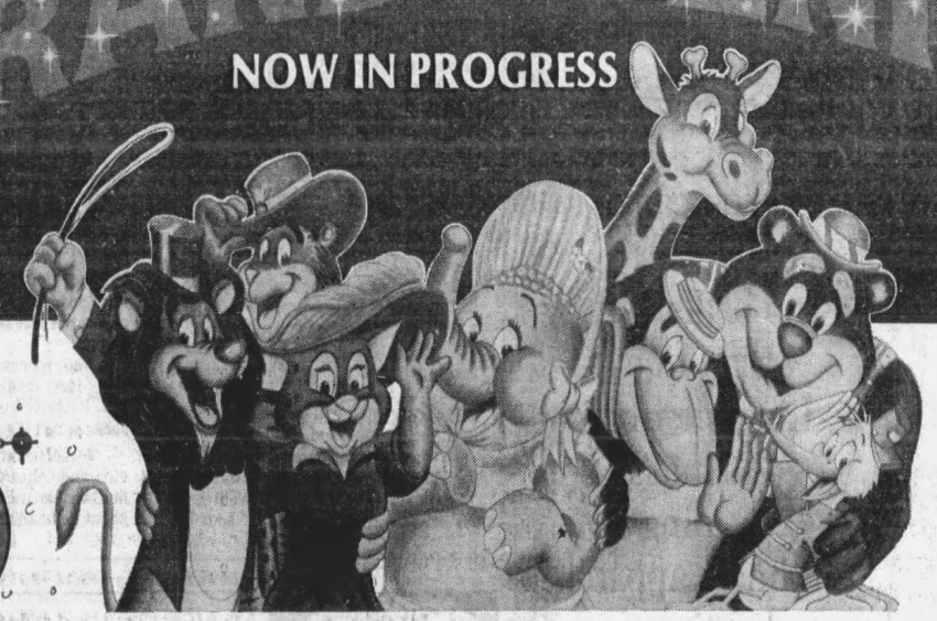 advertisement anthro ape avg_productions_incorporated avian barney_bear_(circus_playhouse) batt_e_bird bear bird black_and_white bow_tie charlie_chimp chimpanzee circus_playhouse_band circus_playhouse_food_and_emporium circus_playhouse_inc clothing cowboy_hat derby don_keenan elephant elephantid ellie_elephant felid female gerry_giraffe giraffe giraffid group haplorhine hat headgear headwear hi_res leopard lion lionel_the_lucky_lion lola_leapard male mammal monochrome newspaper pan_(genus) pantherine primate proboscidean ringmaster ringmaster_outfit stork texas_tiger text tiger whip