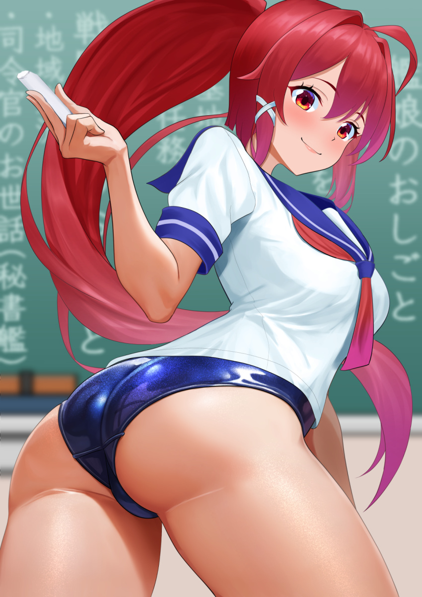 1girl armpits ass back blue_sailor_collar blush breasts chalk chalkboard classroom dorachan_r hair_ribbon highres holding holding_chalk i-168_(kancolle) indoors kantai_collection long_hair looking_at_viewer looking_back medium_breasts one-piece_swimsuit ponytail red_eyes red_hair ribbon sailor_collar school_swimsuit school_uniform serafuku smile solo swimsuit swimsuit_under_clothes