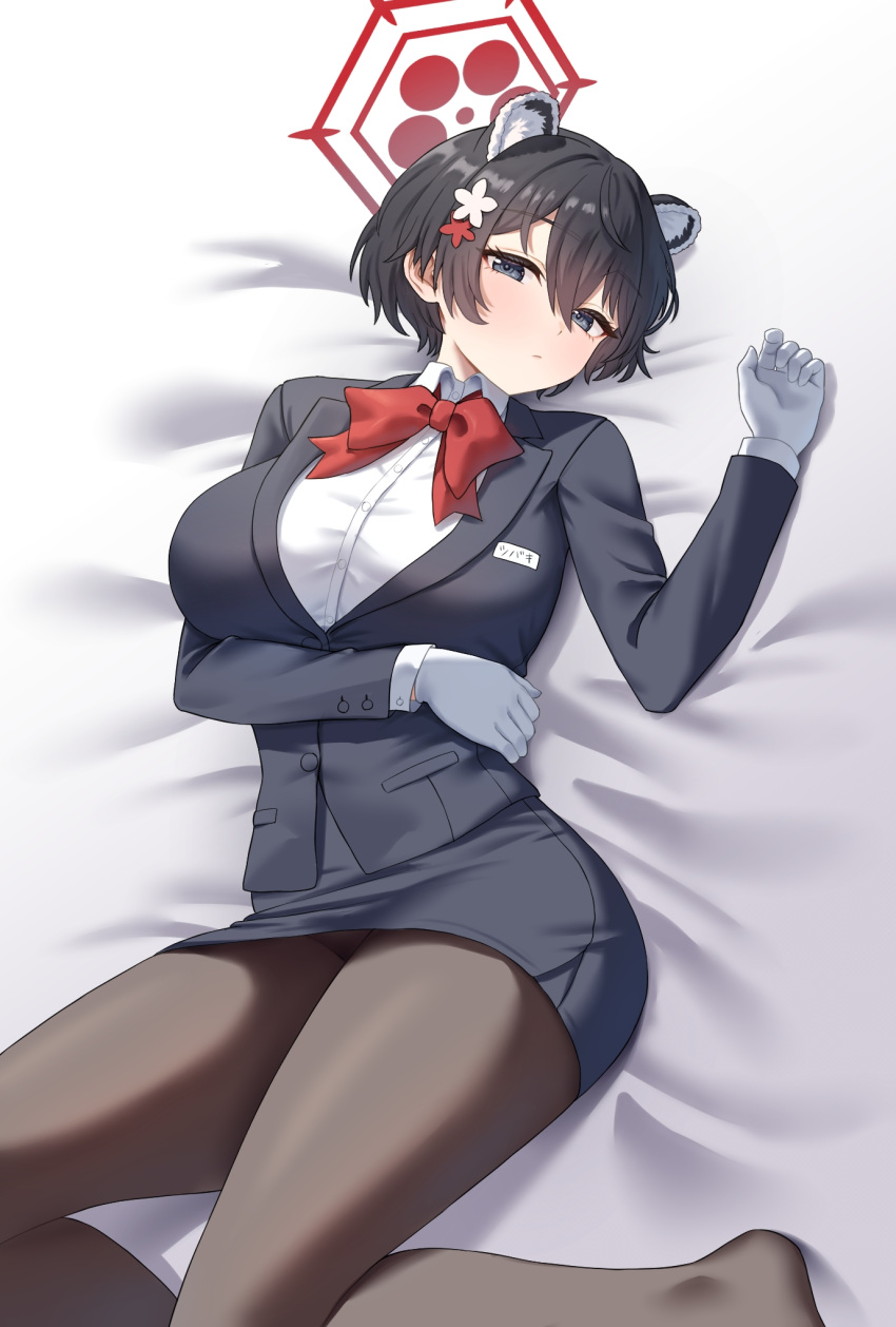 1girl animal_ears bed black_hair black_jacket black_skirt blue_archive blue_eyes blush bow bowtie breasts brown_pantyhose buttons closed_mouth collared_shirt flower gloves hair_between_eyes hair_flower hair_ornament halo hand_up highres jacket kadokadokado lapels large_breasts long_sleeves looking_at_viewer lying miniskirt no_shoes on_back on_bed pantyhose raccoon_ears raccoon_girl red_bow red_bowtie red_flower red_halo shirt short_hair skirt solo tsubaki_(blue_archive) white_flower white_gloves white_shirt