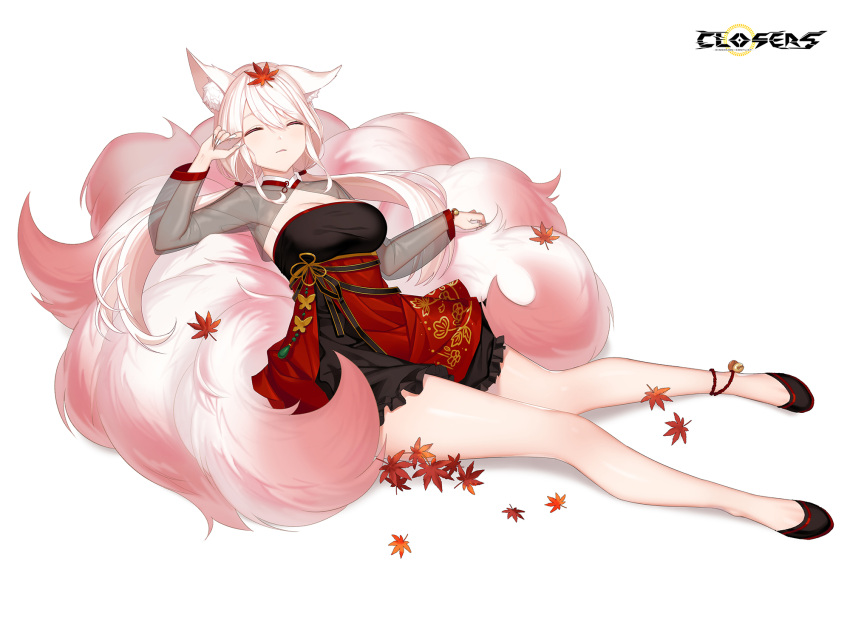 1girl alternate_hair_color animal_ear_fluff animal_ears ankle_bell autumn_leaves black_dress black_footwear breasts cleavage cleavage_cutout closed_eyes closed_mouth closers clothing_cutout copyright_name dress ear_down fox_ears fox_girl fox_tail full_body hand_up highres kitsune kyuubi large_breasts layered_dress leaf leaf_on_head levia_(closers) logo long_hair long_sleeves low_twintails lying lying_on_tail maple_leaf multiple_tails official_art on_back pink_tail red_dress rubbing_eyes see-through see-through_sleeves sleeping solo tail twintails two-tone_dress white_background white_hair