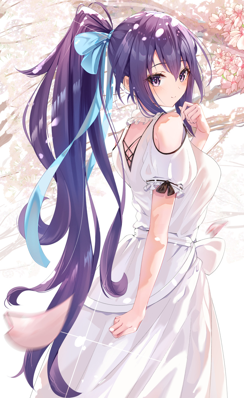 1girl absurdres alice_gear_aegis bare_shoulders dress flower hair_between_eyes high_ponytail highres long_hair looking_at_viewer nature nikotama_mai outdoors petals ponytail puripuri purple_eyes purple_hair short_sleeves smile solo tree white_dress