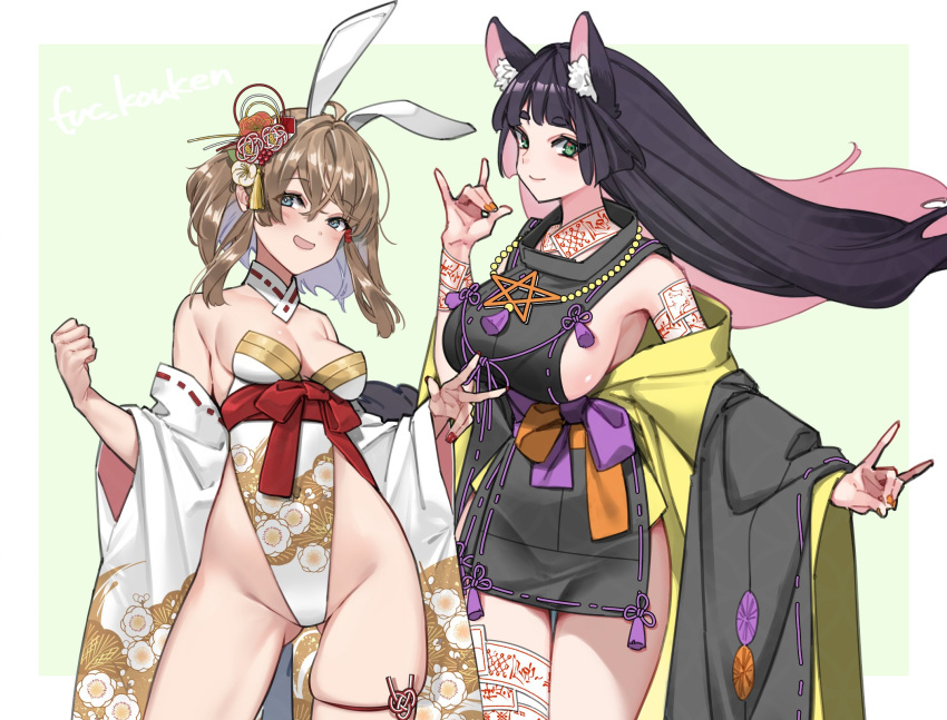 2girls :d animal_ear_fluff animal_ears bare_legs bare_shoulders black_hair black_kimono blue_eyes blush breasts brown_hair cleavage clenched_hand cowboy_shot crossed_bangs detached_sleeves double_fox_shadow_puppet fingernails floating_hair floral_print flower fox_ears fox_girl fox_shadow_puppet fox_tail green_eyes hair_between_eyes hair_ornament hands_up highleg highleg_leotard highres japanese_clothes kanzashi kimono large_breasts leotard long_hair medium_breasts medium_hair multicolored_hair multiple_girls nail_polish ofuda ofuda_on_arm ofuda_on_leg open_mouth original pentagram_necklace pink_hair rabbit_ears rabbit_girl red_nails red_sash sash short_kimono sideboob skindentation smile strapless strapless_leotard tail taka_oedo thigh_gap thigh_strap two-tone_hair white_leotard white_sleeves wide_sleeves