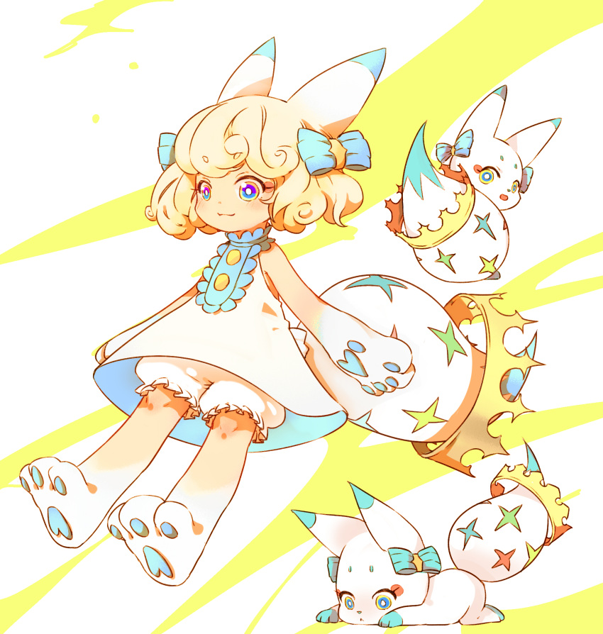 1girl :3 animal_ears animal_hands blonde_hair bloomers blue_bow bow bright_pupils child creature_and_personification crown dress fermium.ice full_body hair_bow highres looking_back looking_to_the_side multicolored_eyes open_mouth pawpads personification short_hair tail tail_crown tama_(woff) white_dress world_of_final_fantasy