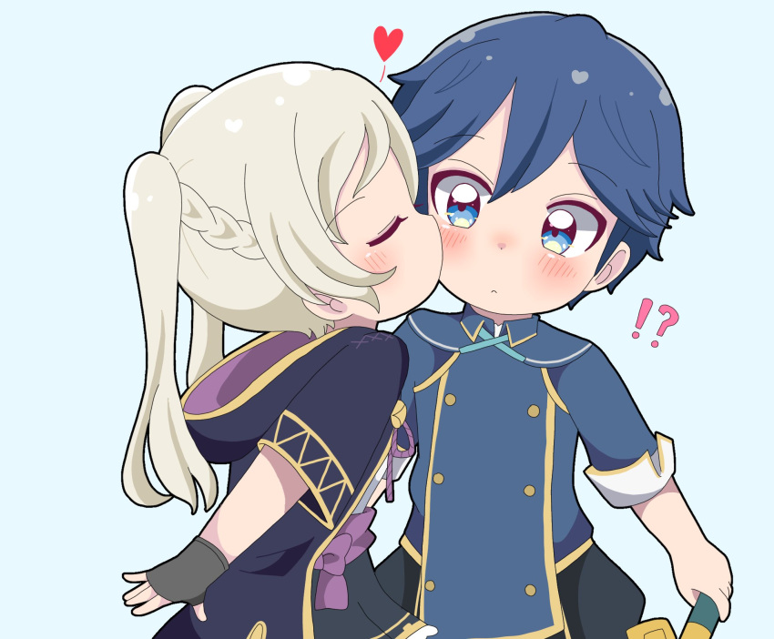 !? 1boy 1girl aged_down blue_eyes blue_hair blush braid chrom_(fire_emblem) closed_eyes fingerless_gloves fire_emblem fire_emblem_awakening fire_emblem_heroes gloves grey_hair heart highres hood kiss kissing_cheek robin_(female)_(fire_emblem) robin_(fire_emblem) rukinya_nya sword twintails weapon