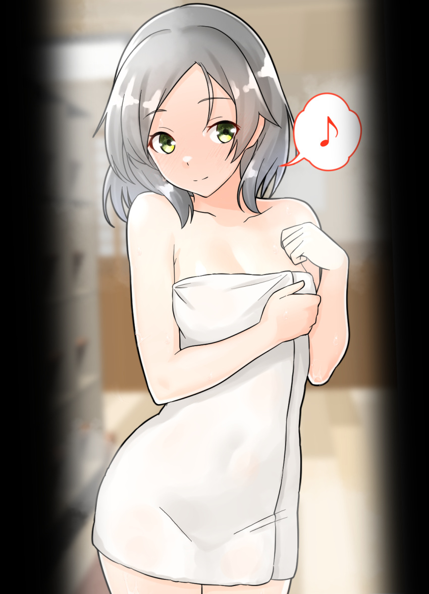 1girl breasts collarbone commentary_request furaggu_(frag_0416) green_eyes grey_hair highres indoors kantai_collection kuroshio_(kancolle) looking_at_viewer medium_breasts medium_hair musical_note naked_towel solo speech_bubble spoken_musical_note standing towel