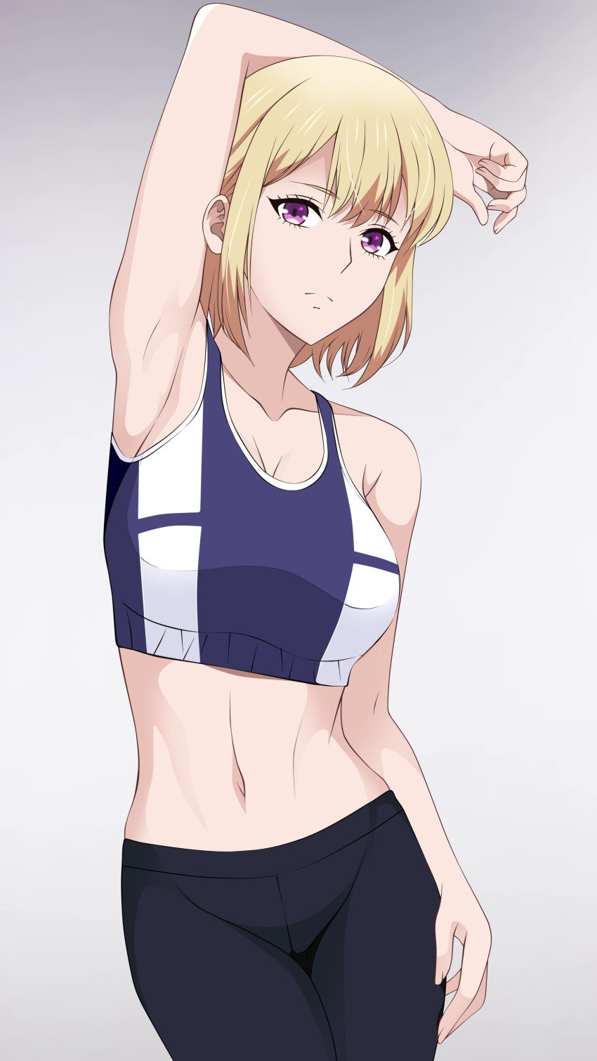 1girl absurdres achmad_faisal arm_behind_head armpits black_leggings blonde_hair breasts cha_hae-in expressionless feet_out_of_frame groin hair_between_eyes hand_on_own_leg highres large_breasts leaning_to_the_side leggings looking_at_viewer navel purple_eyes short_hair simple_background solo solo_leveling sports_bra stomach