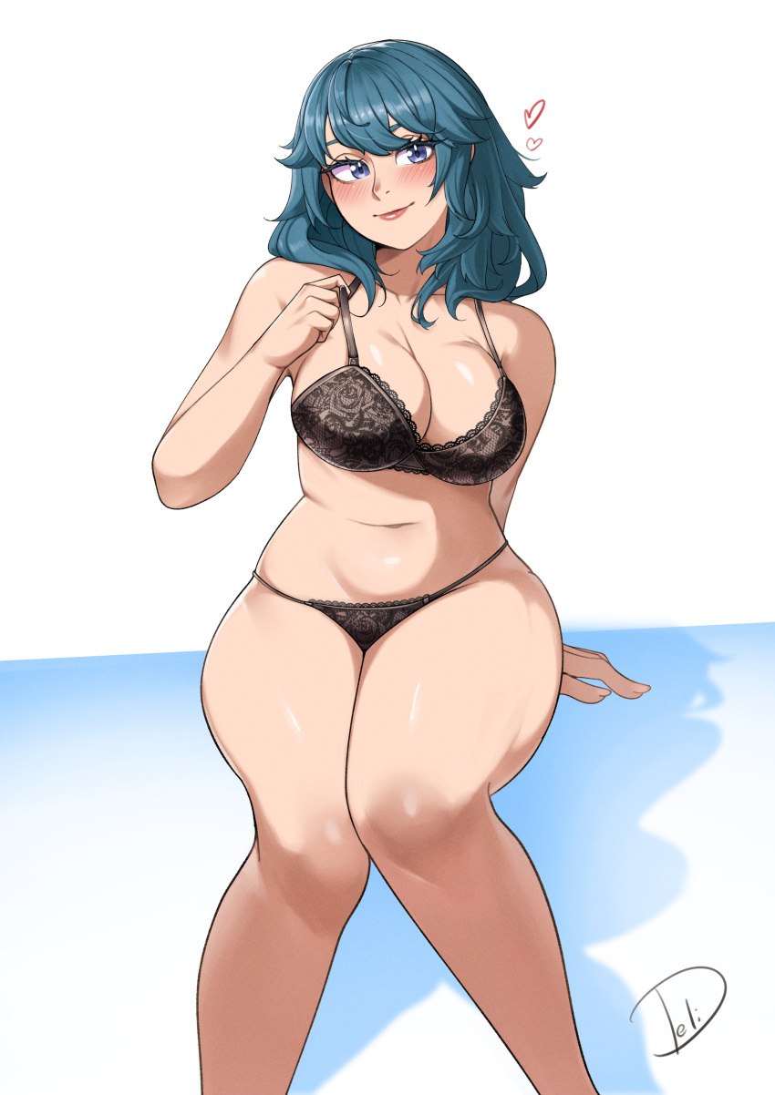 1girl absurdres bare_arms bare_legs bare_shoulders black_bra black_panties blue_eyes blue_hair bra breasts byleth_(female)_(fire_emblem) byleth_(fire_emblem) cleavage commentary deliciousbrain feet_out_of_frame fire_emblem fire_emblem:_three_houses highres large_breasts long_hair looking_at_viewer navel panties pink_lips sitting solo stomach thighs underwear white_background