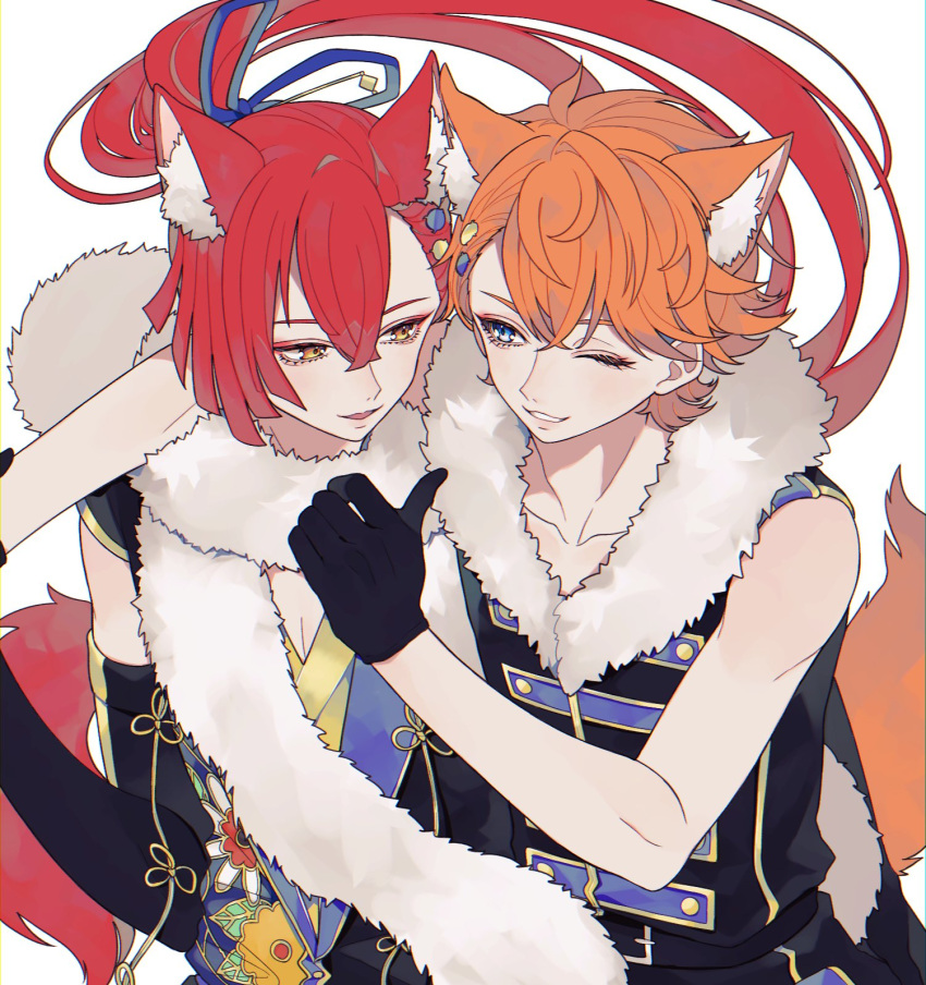 2boys animal_ear_fluff animal_ears ao_(ao0_0nemu) arm_over_head bad_id bad_twitter_id black_gloves black_jacket blue_eyes commentary_request fox_boy fox_ears fox_tail fur_collar gloves hair_between_eyes highres jacket juuouin_kakeru king_of_prism long_hair looking_at_another male_focus multiple_boys one_eye_closed open_mouth orange_eyes orange_hair pretty_rhythm pretty_series red_hair short_hair simple_background sleeveless sleeveless_jacket smile tachibana_yukinojou tail upper_body white_background yellow_eyes