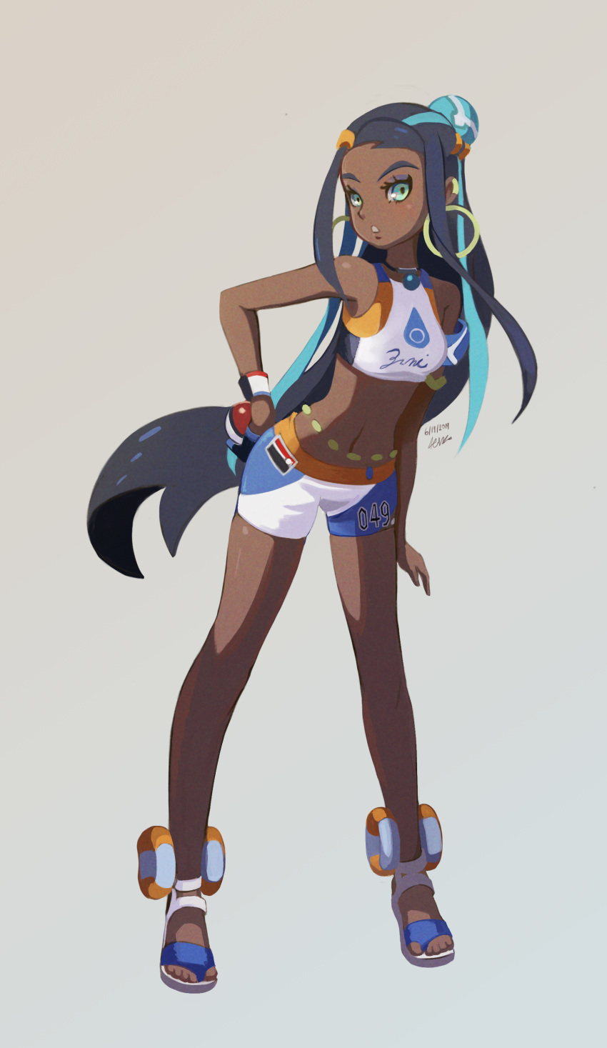 1girl absurdres aqua_eyes armband bangs earrings full_body grey_background hair_ornament hand_on_hip highlights highres hoop_earrings jewelry light_blush long_hair looking_at_viewer multicolored_hair navel necklace open_toe_shoes poke_ball pokemon pokemon_(game) pokemon_swsh rurina_(pokemon) shorts signature sleeveless solo swimsuit tankini tenescross thick_eyebrows two-tone_hair wristband