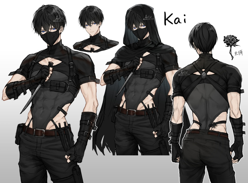 1boy arm_belt back_tattoo belt black_cape black_gloves black_hair black_hoodie black_mask blue_eyes brown_belt cape chest_belt closed_mouth clothing_cutout covered_abs covered_navel from_behind gloves hair_between_eyes hand_up highres holding holding_knife hood hoodie knife makura_wet male_focus multiple_views original shirt short_hair short_sleeves simple_background tattoo tight_clothes tight_shirt turtleneck upper_body