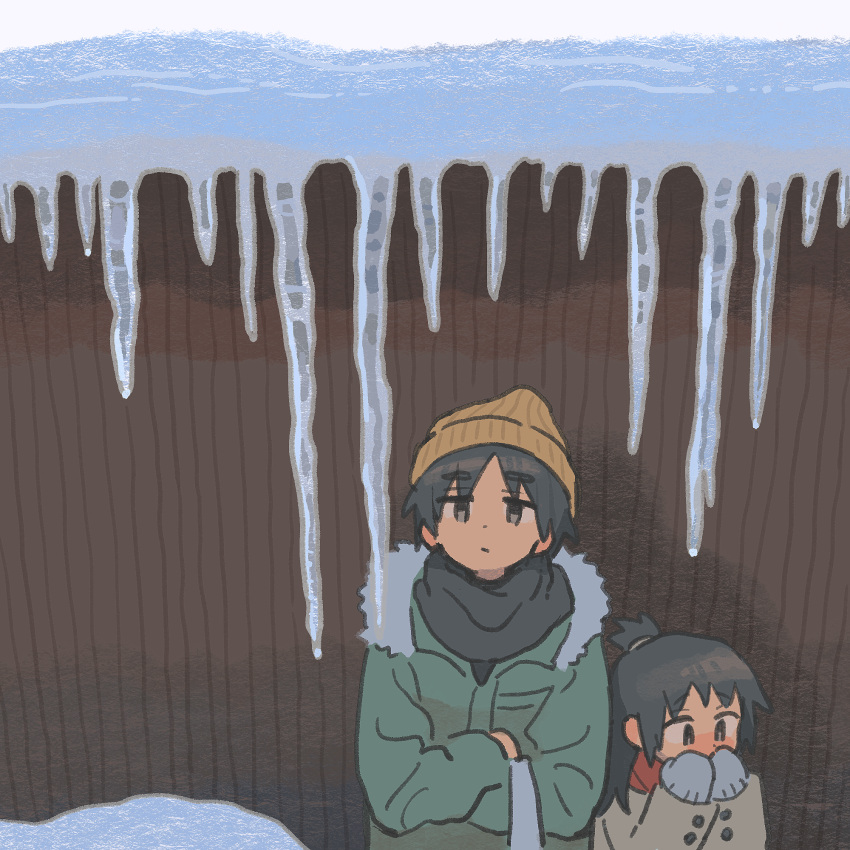 1boy 1girl beanie black_hair black_scarf blush child closed_mouth coat crossed_arms from_above fur-trimmed_coat fur_trim gloves green_coat grey_eyes grey_gloves half_updo hand_to_own_mouth hands_up hat highres ice icicle long_hair looking_up muji_(uimss) original red_scarf scarf short_hair snow upper_body winter