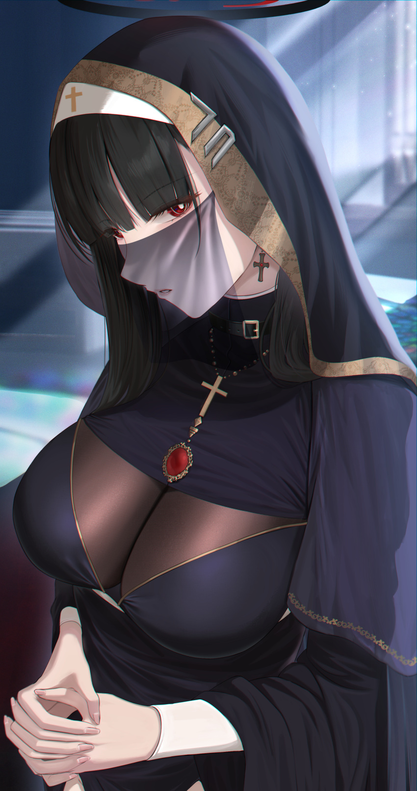 1girl absurdres alternate_costume black_hair blue_archive commentary_request cross cross_earrings earrings halo highres jewelry latin_cross long_sleeves looking_at_viewer own_hands_together parted_lips red_eyes rio_(blue_archive) see-through solo yamikyon