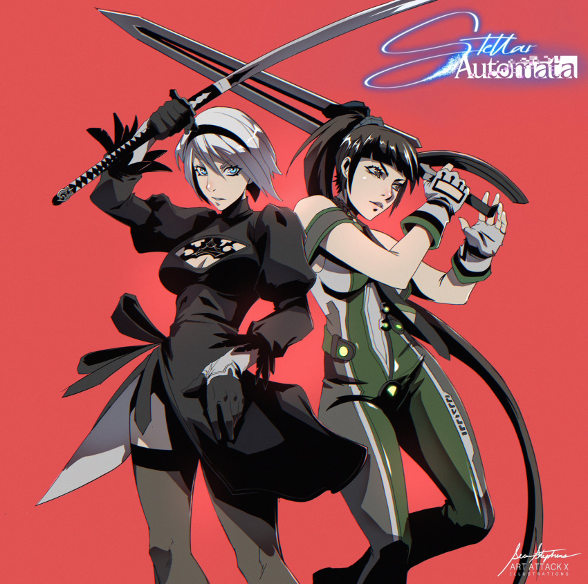 2b_(nier:automata) 2girls art_attackx artist_name black_dress black_hair black_hairband black_thighhighs blue_eyes blunt_bangs bodysuit breasts brown_eyes clothing_cutout dress eve_(stellar_blade) gloves green_bodysuit hairband highres holding holding_sword holding_weapon juliet_sleeves lips long_hair long_sleeves looking_at_viewer looking_to_the_side medium_breasts multicolored_clothes multiple_girls nier:automata nier_(series) planet_diving_suit_(7th)_(stellar_blade) ponytail puffy_sleeves red_background short_hair silver_bodysuit simple_background skin_tight stellar_blade sword thighhighs thighs tight_clothes title very_long_hair weapon white_hair
