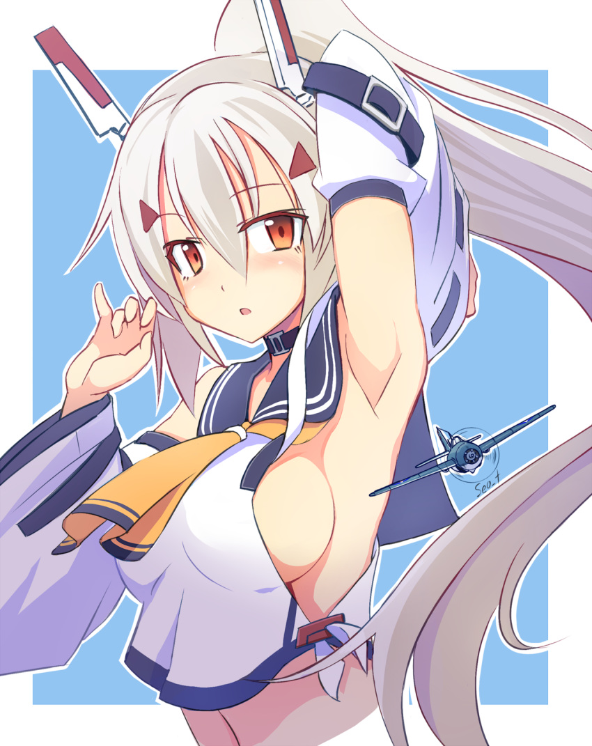 1girl aircraft arm_up armpits ayanami_(azur_lane) azur_lane bare_shoulders black_choker breasts choker crop_top crop_top_overhang detached_sleeves hair_between_eyes hair_ornament hand_up headgear high_ponytail highres long_hair long_sleeves looking_at_viewer medium_breasts midriff navel parted_lips ponytail red_eyes retrofit_(azur_lane) sailor_collar seo_tatsuya shirt sideboob silver_hair solo upper_body white_shirt wide_sleeves