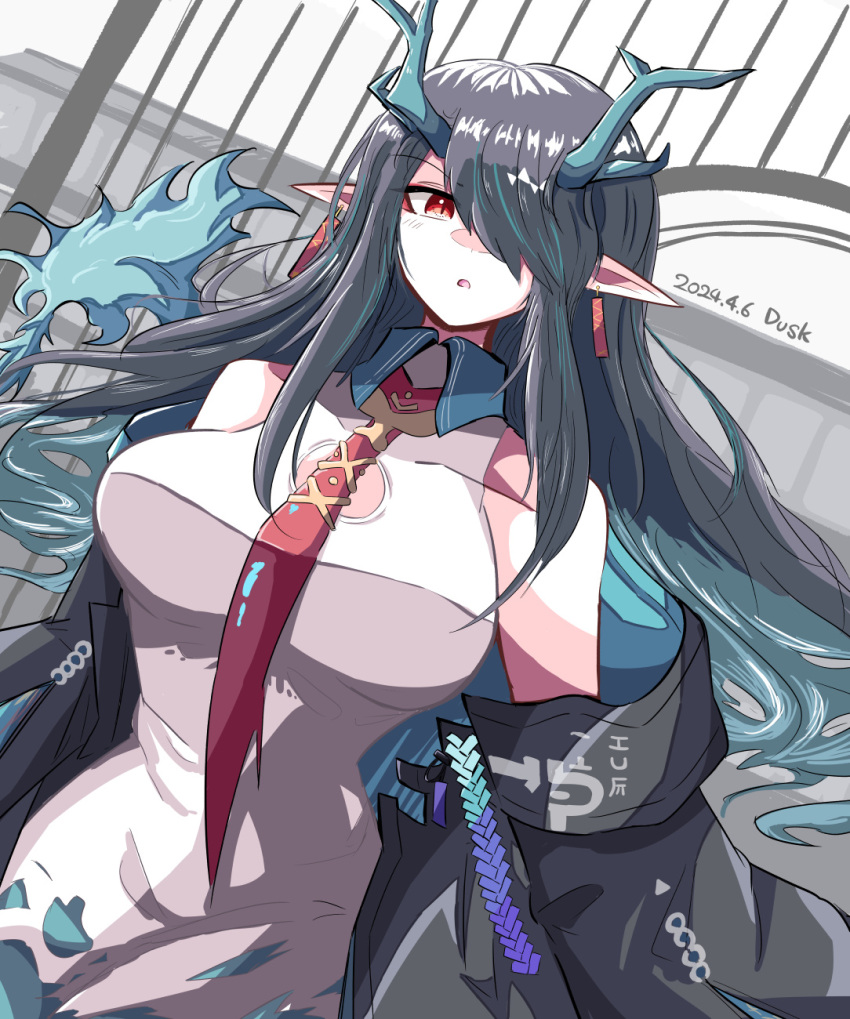 1girl aqua_hair aqua_horns aqua_jacket arknights bare_shoulders black_hair black_jacket breasts character_name cleavage_cutout clothing_cutout collared_dress cowboy_shot dated dragon_girl dragon_horns dress dusk_(arknights) earrings gnome_(gnome_0000) hair_over_one_eye highres horns jacket jewelry long_hair looking_at_viewer medium_breasts multicolored_hair necktie off_shoulder one_eye_covered open_clothes open_jacket parted_lips pointy_ears red_eyes red_necktie sidelocks sleeveless sleeveless_dress solo two-sided_fabric two-sided_jacket two-tone_hair white_dress