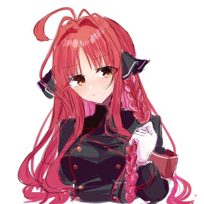 1girl ahoge armband black_jacket black_ribbon blush braid ch2sh closed_mouth commentary_request dracu-riot! gloves hair_intakes hair_ribbon highres holding holding_hair jacket long_hair looking_at_viewer parted_bangs red_armband red_hair ribbon shy sidelocks single_braid sketch solo upper_body very_long_hair wavy_hair white_gloves yarai_miu