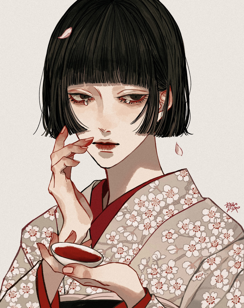 1girl black_eyes black_hair blunt_bangs blunt_ends bob_cut cherry_blossom_print commentary_request cup fingernails floral_print floral_print_kimono grey_background hand_up highres holding holding_cup japanese_clothes kagoya1219 kimono lips long_sleeves looking_at_viewer original petals short_hair signature simple_background solo tears upper_body