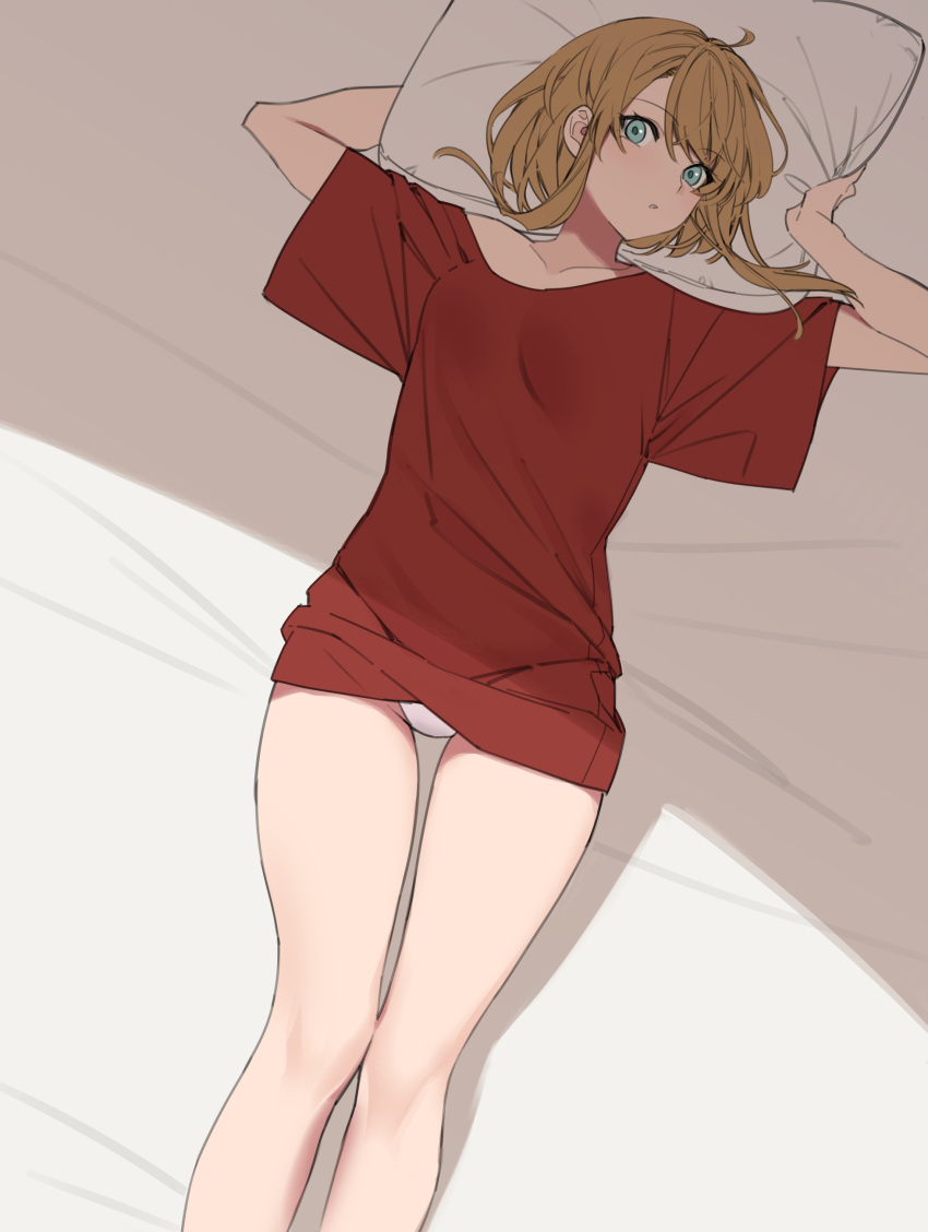 1girl absurdres blue_eyes breasts brown_hair commentary_request expressionless feet_out_of_frame highres light looking_at_viewer lying on_back original panties parted_lips pillow red_shirt shade shirt short_hair_with_long_locks small_breasts solo taka_oedo underwear white_panties