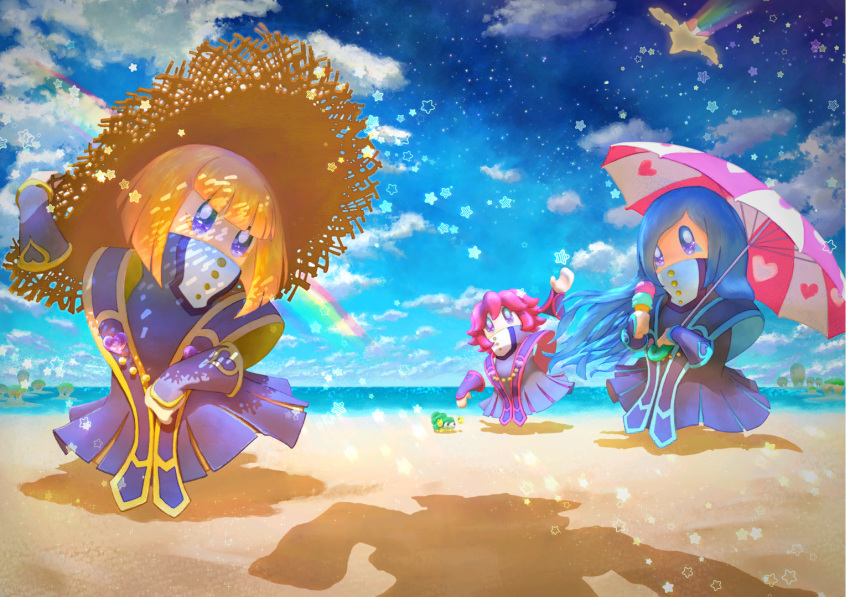 beach beach_umbrella blonde_hair blue_eyes blue_hair blue_sky commentary dragoon_(kirby) english_commentary flamberge_(kirby) flying francisca_(kirby) hat heart heart_print hermit_crab island kirby kirby:_star_allies kirby_(series) looking_at_viewer multiple_girls ocean official_art rainbow red_hair sand shadow shawl sky star straw_hat sun_hat umbrella water waving zan_partizanne