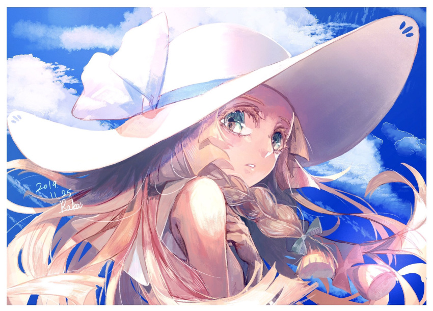 1girl blonde_hair bow braid cloud cloudy_sky colored_eyelashes day green_eyes hair_bow hand_on_own_chest hat hat_ribbon highres light_frown lillie_(pokemon) long_hair looking_back open_mouth pokemon pokemon_sm r.aka. ribbon sky stray_hair sun_hat twin_braids