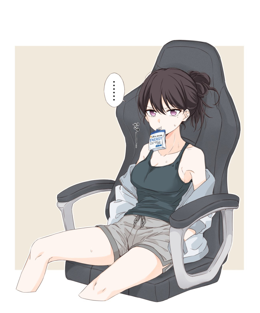 1girl bang_dream! bang_dream!_it's_mygo!!!!! black_hair black_tank_top border breasts brown_background chair cleavage collarbone commentary cropped_legs drinking_straw drinking_straw_in_mouth folded_ponytail grey_shorts hands_in_pockets highres jacket jelly_drink long_hair looking_at_viewer medium_breasts mole mole_under_eye mouth_hold porinki purple_eyes shiina_taki shorts side_slit side_slit_shorts sitting solo sweat tank_top weider_in_jelly white_background white_border white_jacket zipper