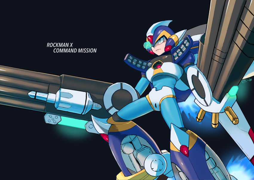 1boy absurdres arm_cannon armor black_background blue_armor blue_helmet boots chest_cannon energy_gun gun highres kakikuyeko3181 male_focus mechanical_parts mechanical_wings mega_man_(series) mega_man_x:_command_mission mega_man_x_(series) revolver scouter simple_background solo weapon wings x_(mega_man)